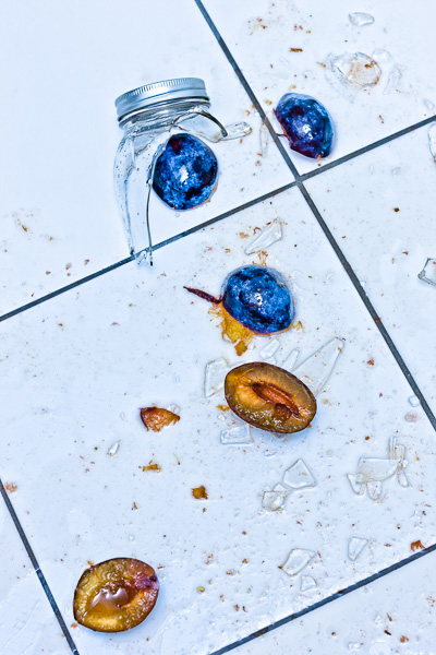 Image of broken jar of preserved plums. © 2014 Dana Hursey Photography