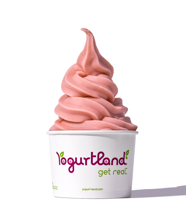 A photograph of a cup of Yogurtland Strawberry Yogurt
